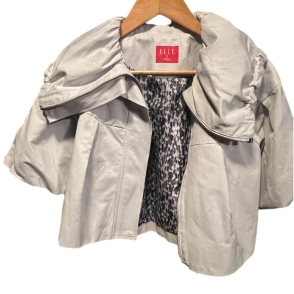 Elle Women's Cropped Gray Jacket Full Zip Bell Pleated Puffer Sleeves - Picture 4 of 7